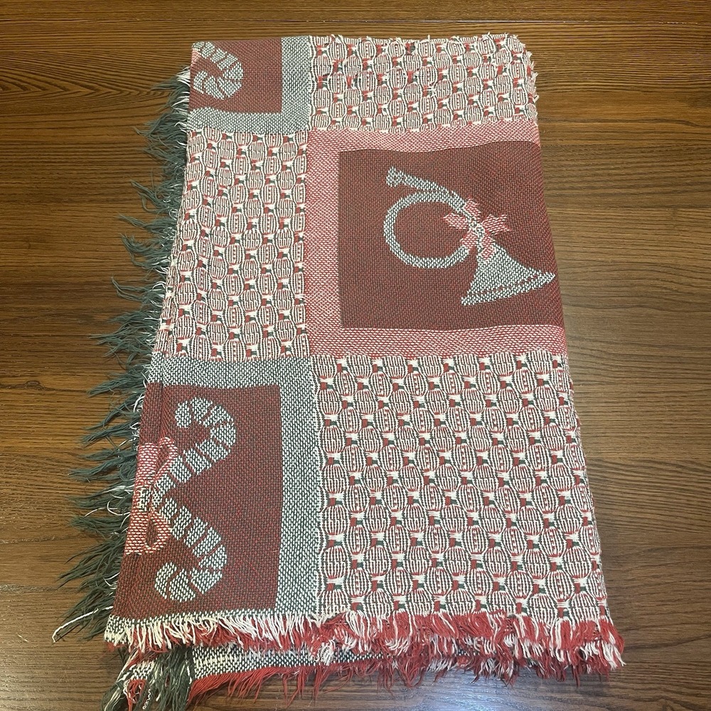 VTG Christmas Woven Throw Blanket Candy Canes French Horns Festive Fringe 55x46